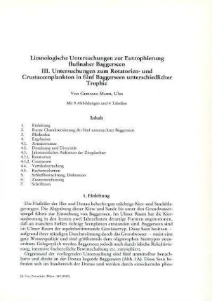 Limnologische Untersuchungen zur Eutrophierung flußnaher Baggerseen. III. Untersuchungen zum Rotatorien- und Crustaceenplankton in fünf Baggerseen unterschiedlicher Trophie