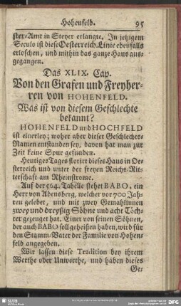 Das XLIX. Cap. Von den Grafen und Freyherren von Hohenfeld