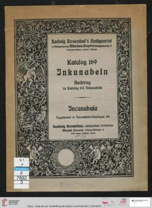 Nr. 169: Catalogue: Inkunabeln : Nachtrag zu Katalog 164, Inkunabeln