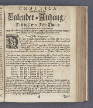 Practica Oder Gewöhnlicher Calender-Anhang/ Auff das 1710. Jahr Christi