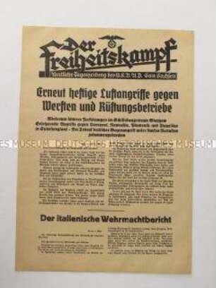 Nachrichtenblatt der sächsischen NSDAP-Zeitung "Der Freiheitskampf" über den deutschen Luftangriff auf die schottischen Schiffbauzentren um Glasgow