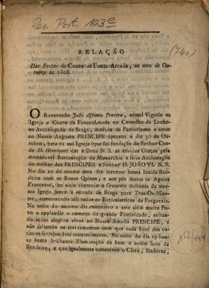 Relação Das Festas do Couto de Fonte-Arcada, no mez de Outubro de 1808