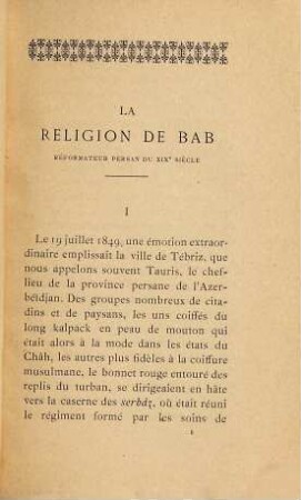 La Religion de Bab : réformateur persan du XIXe siècle