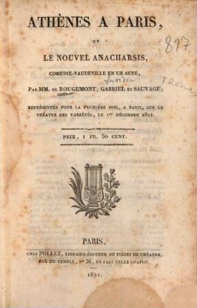 Athènes à Paris, ou le nouvel Anacharsis : Comédie vaudeville en un acte