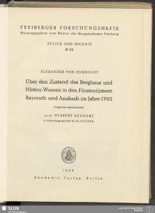 Über den Zustand des Bergbaus und Hütten-Wesens in den Fürstentümern Bayreuth und Ansbach im Jahre 1792
