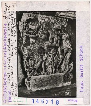 Autun: Kathedrale Saint-Lazare, nördl. Seitenschiff, Arkade zum nördl. Querschiff, rechter Pilaster, Kapitell, Übergabe der Kirche