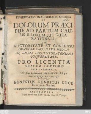 Dissertatio Inauguralis Medica De Dolorum Praecipue Ad Partum Causis Illorumque Cura Rationali