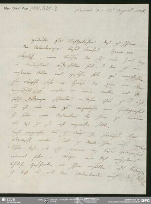 Eigenh. Brief von Luise von Voss an August Wilhelm von Schlegel, Weimar, 12.08.1806