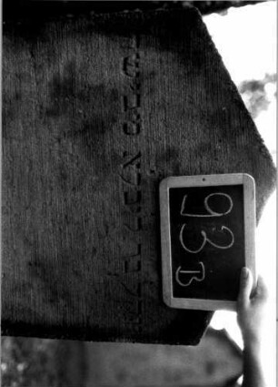 Grabstein 93 (Index: 100111193) Material: Sandstein Zustand: leicht verwittert Maße HxBxT: 139x66x11 cm Beschreibung: ädikulaartige Stele mit Halbsäulen, giebelartiger Abschluß mit Verdachung Symbolik: Blüte: Grabstein 93B