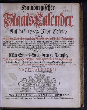 1753: Hamburgischer Staats-Kalender : auf das Jahr
