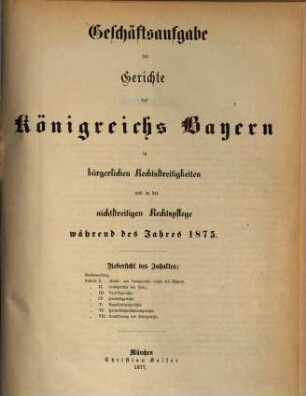 Geschäftsaufgabe der Gerichte des Königreichs Bayern in bürgerlichen Rechtsstreitigkeiten und in der nichtstreitigen Rechtspflege : während des Jahres .., 1875 (1877)