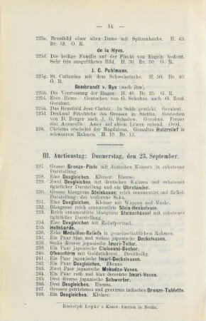 III. Auctionstag: Donnerstag, den 23. September