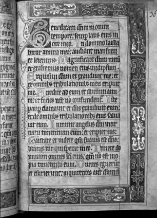 Psalter der Mechthild von Anhalt — Initiale B (enedicam) und Dreiviertelbordüre, Folio 36recto?
