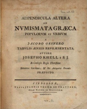 Appendicula altera ad numismata Graeca populorum et urbium