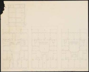 Dreigeschossiges Mietshaus um oktogonalen Hof: Grundrissstudie Souterrain, Erd- und Obergeschoss, Schnitt