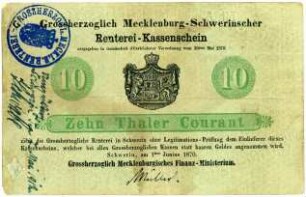 Geldschein, 10 Taler Courant, 1.6.1870