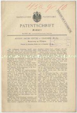 Patentschrift einer Neuerung an Pflügen, Patent-Nr. 45411
