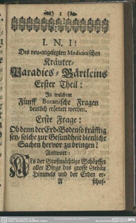 Erster Theil: In welchem Fünff Botanische Fragen deutlich erörtert werden