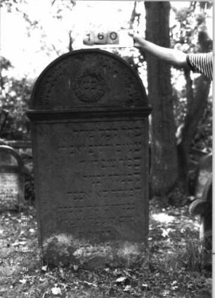 Grabstein 160 (Index: 100110670) Material: Sandstein Zustand: im Giebel einzelne Abschieferungen mit geringem Textverlust Maße HxBxT: 160x90x16 cm Beschreibung: Stele, Rundbogenabschluß mit Verdachung, Schriftfelder eingetieft Symbolik: Kranz Besonderheit: kulturhistorisch wertvoll / hist.-wiss. Gründe (Gemeindestellung): Grabstein 160