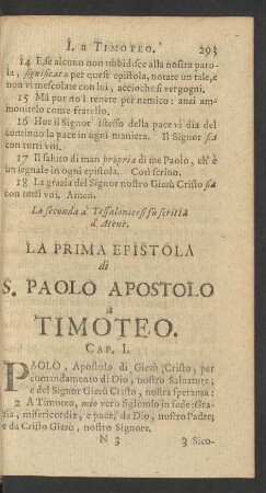La Prima Epistola di S. Paolo Apostolo a Timoteo