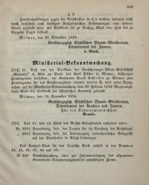 114. Ministerial-Verordnung, betreffend Wechsel in der Hauptagentur der Versicherungs-Aktien-Gesellschaft "Rhenania" in Köln