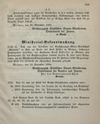 114. Ministerial-Verordnung, betreffend Wechsel in der Hauptagentur der Versicherungs-Aktien-Gesellschaft "Rhenania" in Köln