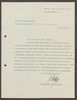 Schreiben von Matthias Erzberger, Berlin, an Constantin Fehrenbach, Zusendung des Protokolls der Litauischen Konferenz in Wilna