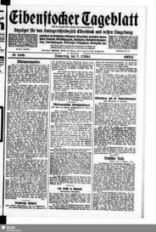 Eibenstocker Tageblatt : Anzeiger für den Amtsgerichtsbezirk Eibenstock und dessen Umgebung, umfassend die Ortschaften Eibenstock, Blauenthal, Carlsfeld, Hundshübel, Neuheide, Oberstützengrün, Schönheide, Schönheiderhammer, Sosa, Unterstützengrün, Wildenthal, Wilzschhaus, Wolfsgrün usw