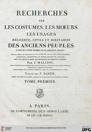 Band 1: Recherches sur les costumes, les moeurs, les usages religieux, civils et militaires des anciens peuples d'après les auteurs célèbres et les monuments antiques: Costume des Romains