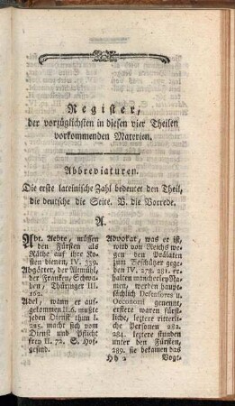Register, der vorzüglichsten in diesen vier Theilen vorkommenden Materien