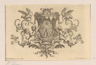 Vignette mit Baldachin und Wappen der Albani
