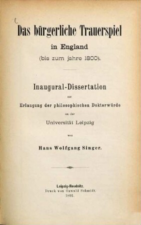 Das bürgerliche Trauerspiel in England (bis zum jahre 1800)
