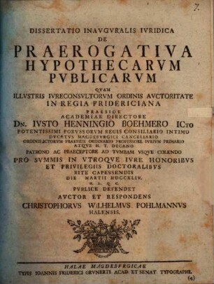 Dissertatio inauguralis iuridica de praerogativa hypothecarum publicarum