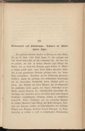 III. Unionsconcil und Platonismus. Cosimo's de' Medici spätere Jahre.