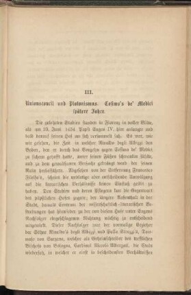 III. Unionsconcil und Platonismus. Cosimo's de' Medici spätere Jahre.