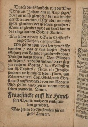 Fragestücke auff die Himelfart Christi, nach den vmbstenden gerichtet.