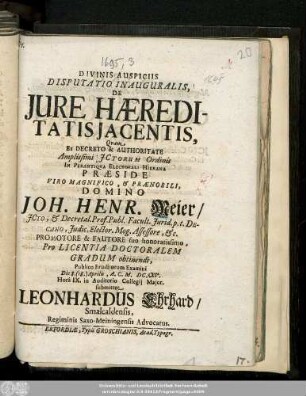 Disputatio Inauguralis, De Jure Haereditatis Jacentis