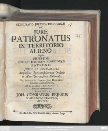 Exercitatio Juridica Inauguralis De Jure Patronatus In Territorio Alieno