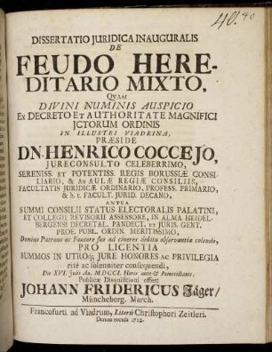 Dissertatio Juridica Inauguralis De Feudo Hereditario Mixto