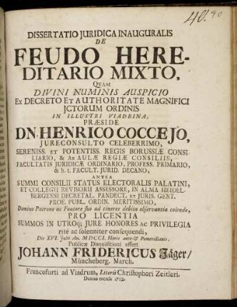 Dissertatio Juridica Inauguralis De Feudo Hereditario Mixto