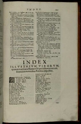 Index Illustrium Virorum, quorum nomina in Nummis Imperialibus occurrunt, secundum eorundem Familias dispositus.