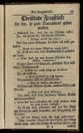 Christliche Fragstücke für die, so zum Sacrament gehen wollen.