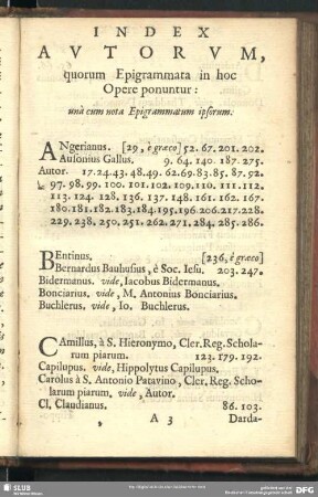Index Autorum, quorum Epigrammata in hoc Opere ponuntur: una cum nota Epigrammatum ipsorum