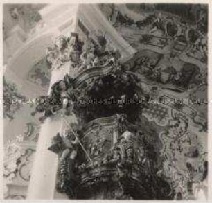 Steingaden, Wallfahrtskirche zum Gegeißelten Heiland auf der Wies, im Langhaus, Kanzel (Detail)