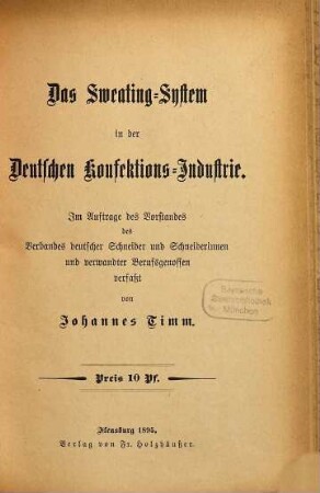 Das Sweating-System in der Deutschen Konfektions-Industrie