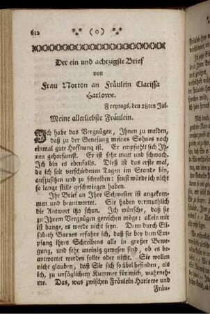 Der ein und achtzigste Brief con Frau Norton an Fräulein Clarissa Harlowe. - Der fünf und achtzigste Brief von Fräulein Arabelle Harlowe an Fräulein Clarissa Harlowe.