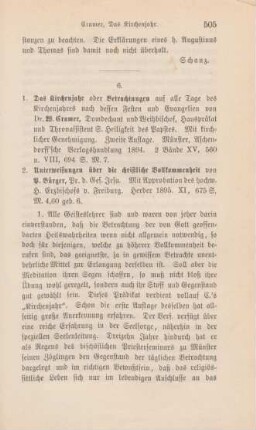 505-507 [Rezension] Cramer, W., Das Kirchenjahr oder Betrachtungen auf alle Tage des Kirchenjahres nach dessen Festen und Evangelien