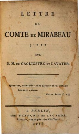 Lettre Du Comte De Mirabeau Sur M. M. De Cagliostro Et Lavater