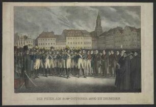 Bürgerunruhen in Dresden 1830: Ansicht der Menschenmenge vor dem Rathaus auf dem Altmarkt in Dresden während der Dankfeier am 31. Oktober 1830 anlässlich der Wiederherstellung der Ruhe und der Einführung der Kommunalrepräsentanten , Lithographie, ab 1830 : Die Feier am 31sten October 1830 zu Dresden / C. Grohlig inv.. Lutherer lith. - [S.l.] , [1830]. - 1 Kunstbl. : Lithogr. ; 47 x 32 cm