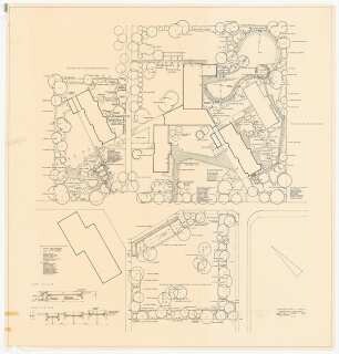 Johannesstift Berlin-Spandau Quellenhof, Schule und Kinderheim. Außenanlage: Schule, Lageplan mit Pflanzplan 1:200, Schnitte A-B, C-D 1:50